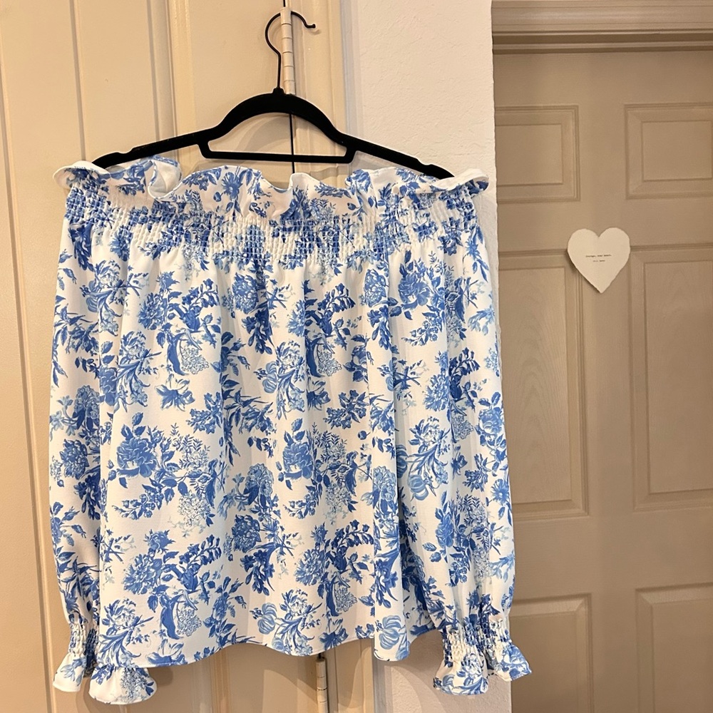 Tuckernuck Marguerite Off Shoulder Blue and White Floral Blouse Top